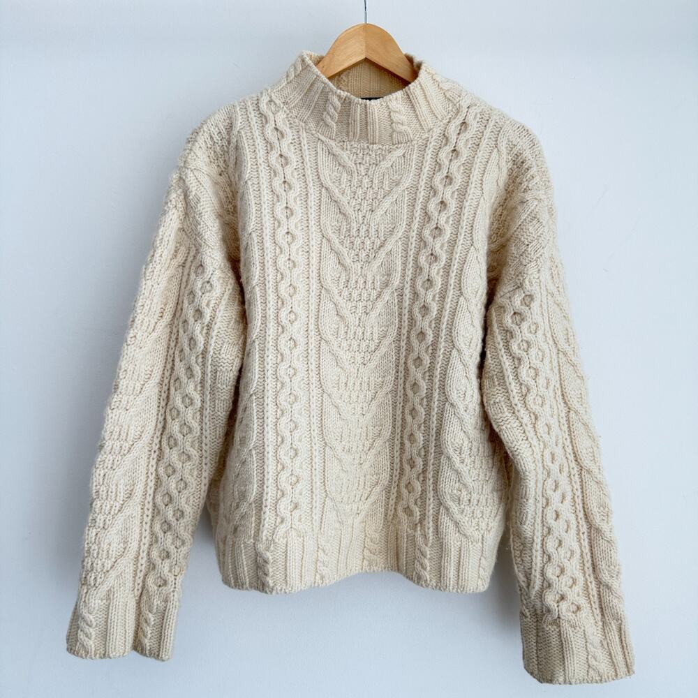 Inis Crafts Aran Sweater Medium Merino Wool Irish Cable Knit Fisherman Mock Neck